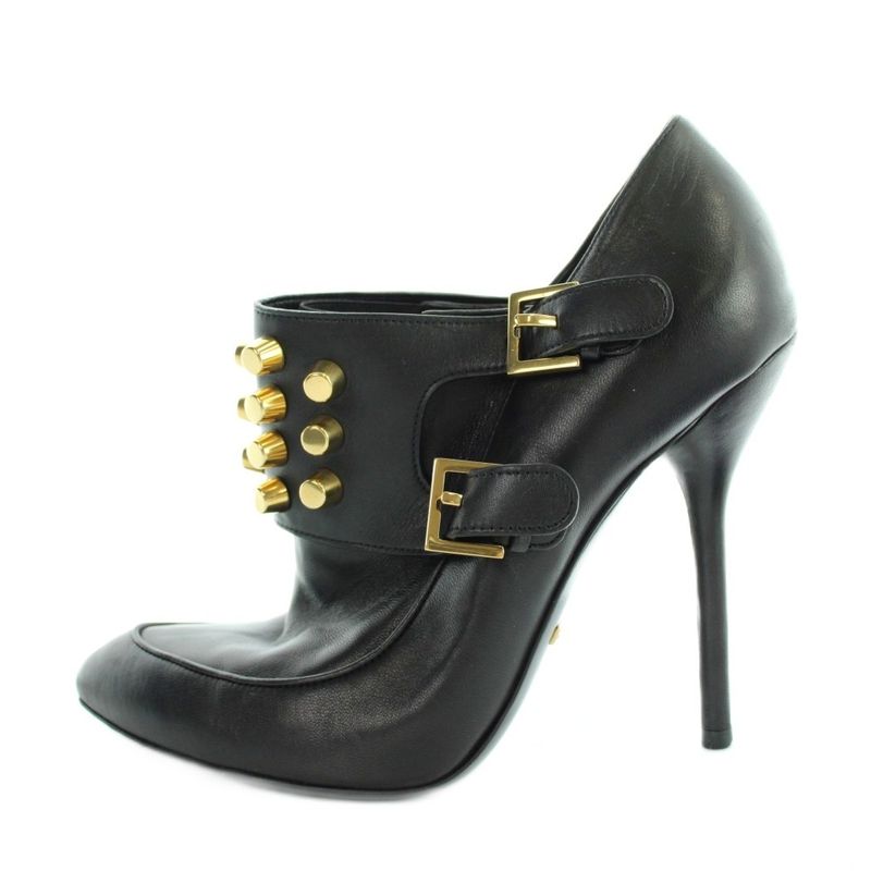 Gucci Booty Pointed Toe Leather Pin Heel Studded Logo 37 Black