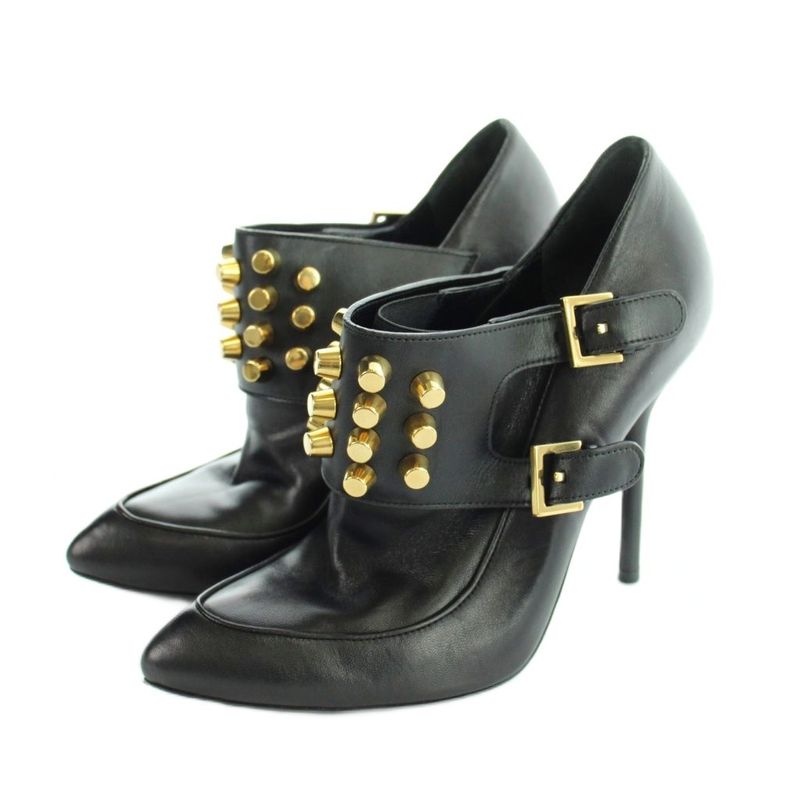 Gucci Booty Pointed Toe Leather Pin Heel Studded Logo 37 Black