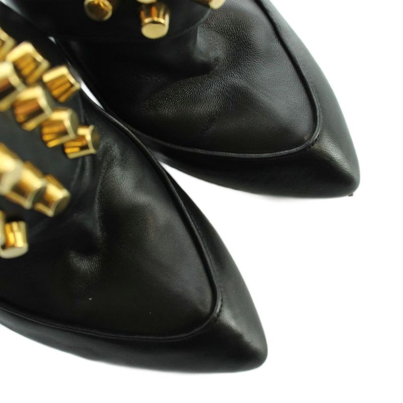Gucci Booty Pointed Toe Leather Pin Heel Studded Logo 37 Black