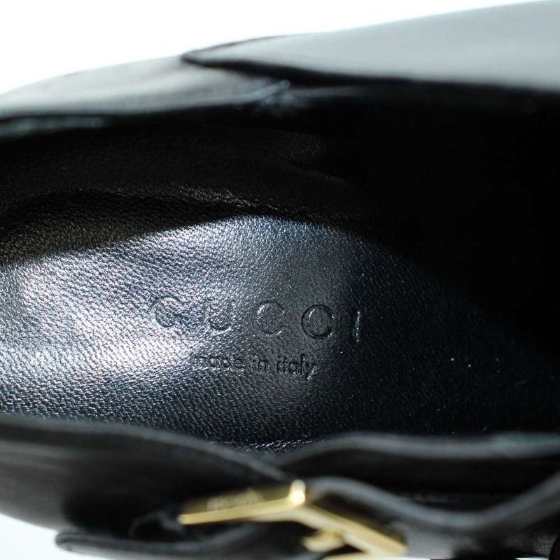 Gucci Booty Pointed Toe Leather Pin Heel Studded Logo 37 Black