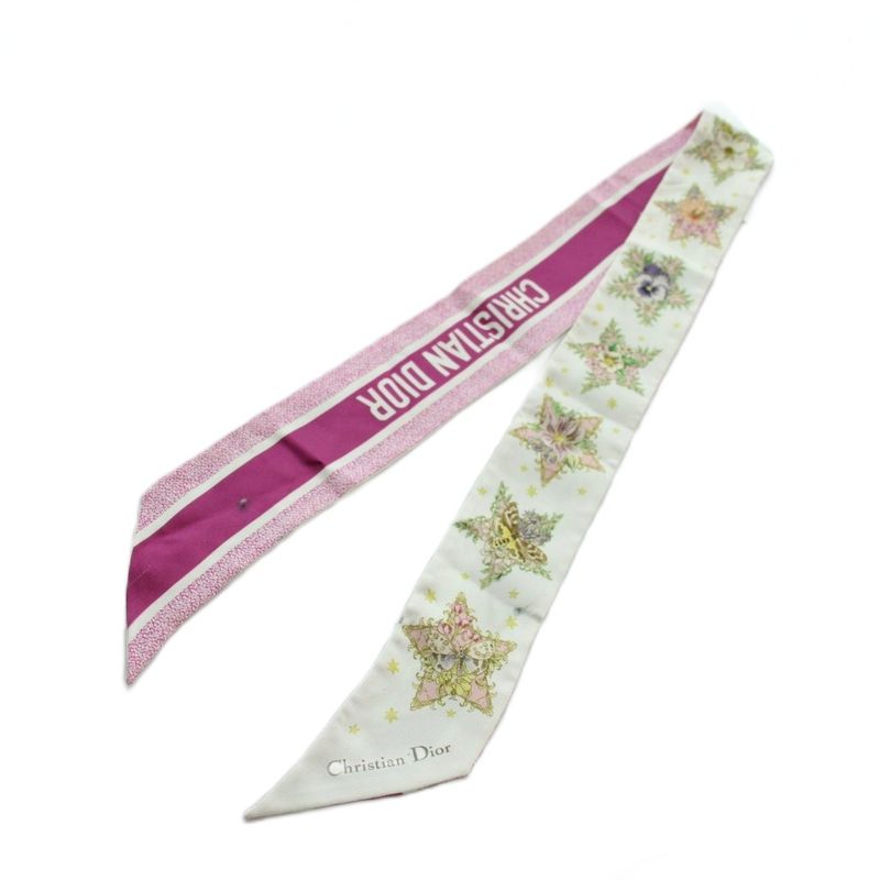 Dior Lucky Star Mitzah Ribbon Scarf Logo Silk All Over Pattern Pink
