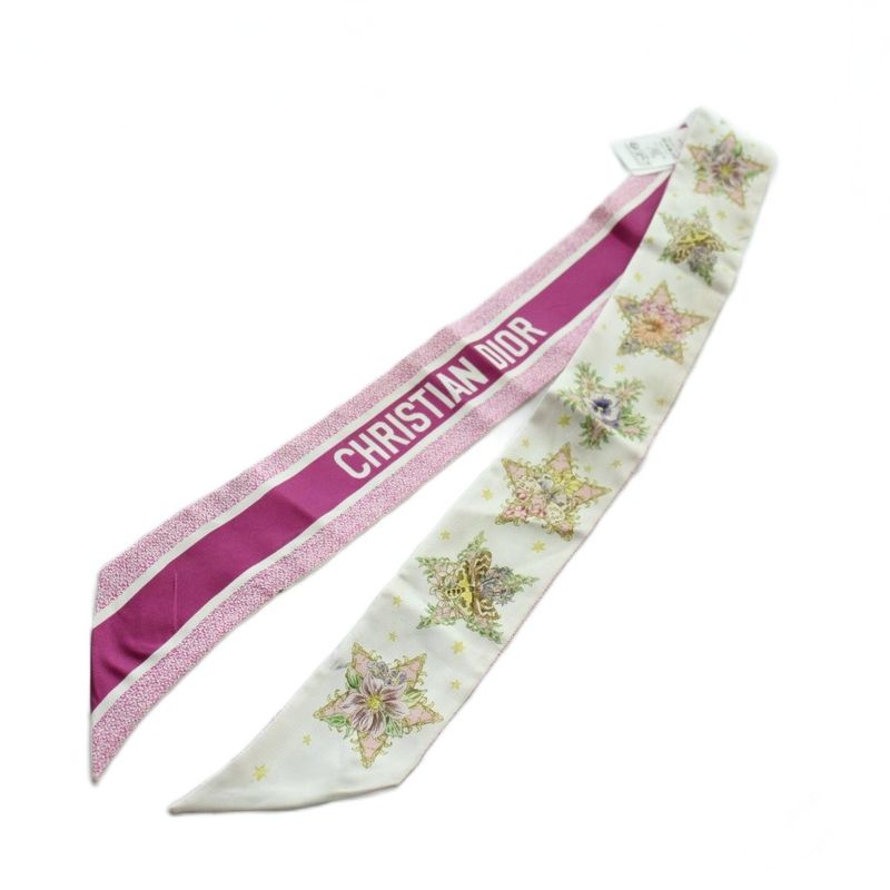 Dior Lucky Star Mitzah Ribbon Scarf Logo Silk All Over Pattern Pink