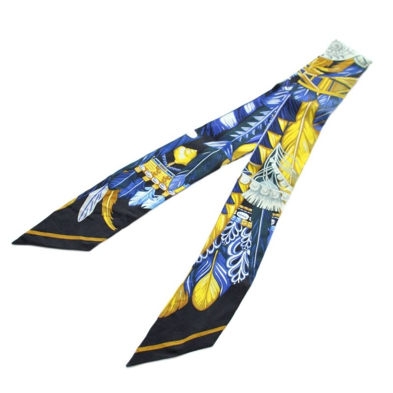 Hermes Dance Pacifique Twill Ribbon Scarf Silk All Over Pattern Blue