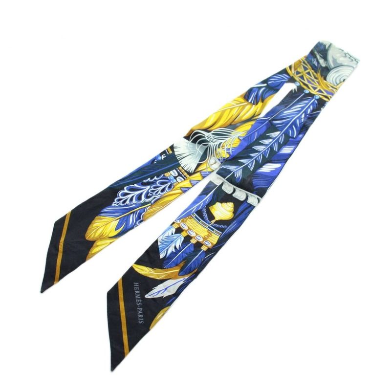 Hermes Dance Pacifique Twill Ribbon Scarf Silk All Over Pattern Blue