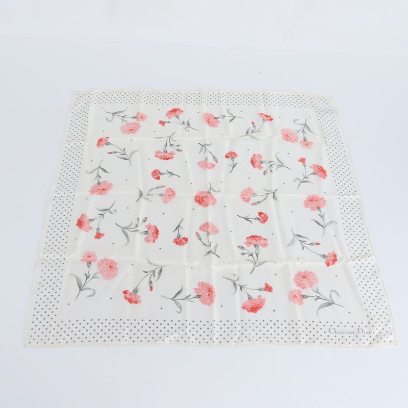 Dior Silk 100% Scarf Carnation Flower Floral Pattern Dot Beige Pink