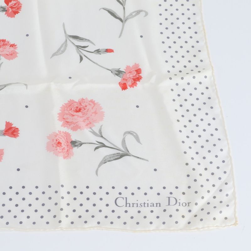 Dior Silk 100% Scarf Carnation Flower Floral Pattern Dot Beige Pink