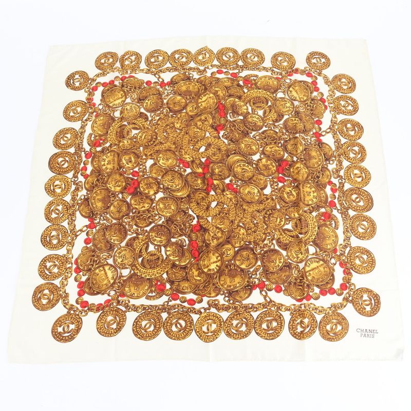Chanel Tag Silk Chain Pattern Scarf Shawl Beige
