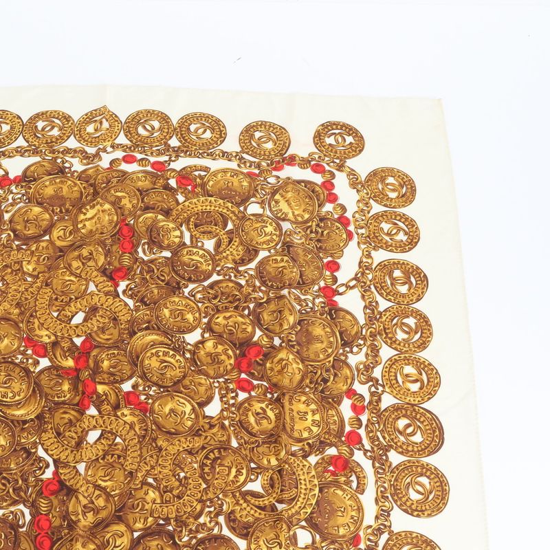 Chanel Tag Silk Chain Pattern Scarf Shawl Beige