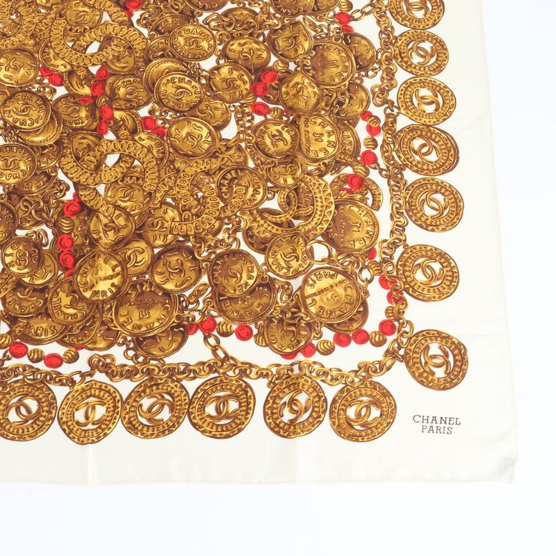 Chanel Tag Silk Chain Pattern Scarf Shawl Beige