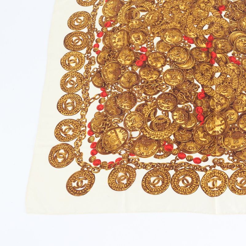 Chanel Tag Silk Chain Pattern Scarf Shawl Beige