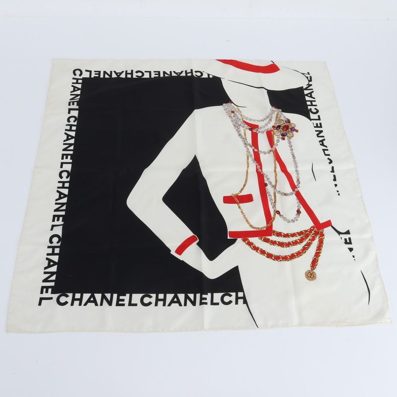 Chanel Mademoiselle Pattern Scarf Coco Shawl Black Beige Red