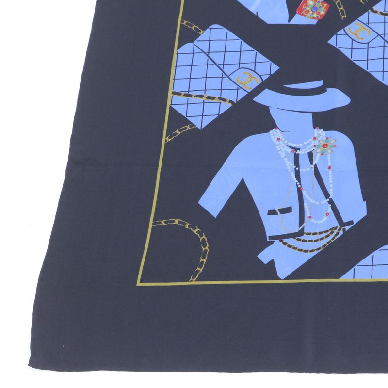 Chanel Mademoiselle Pattern Scarf Coco Quilted Shawl Black Blue