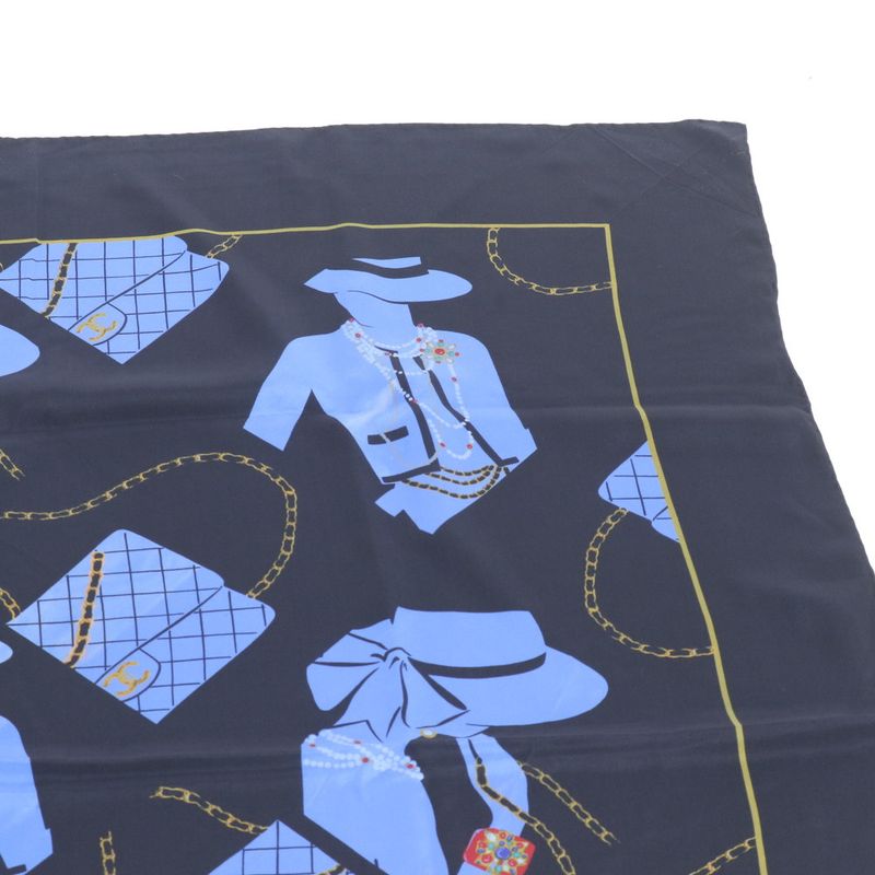 Chanel Mademoiselle Pattern Scarf Coco Quilted Shawl Black Blue