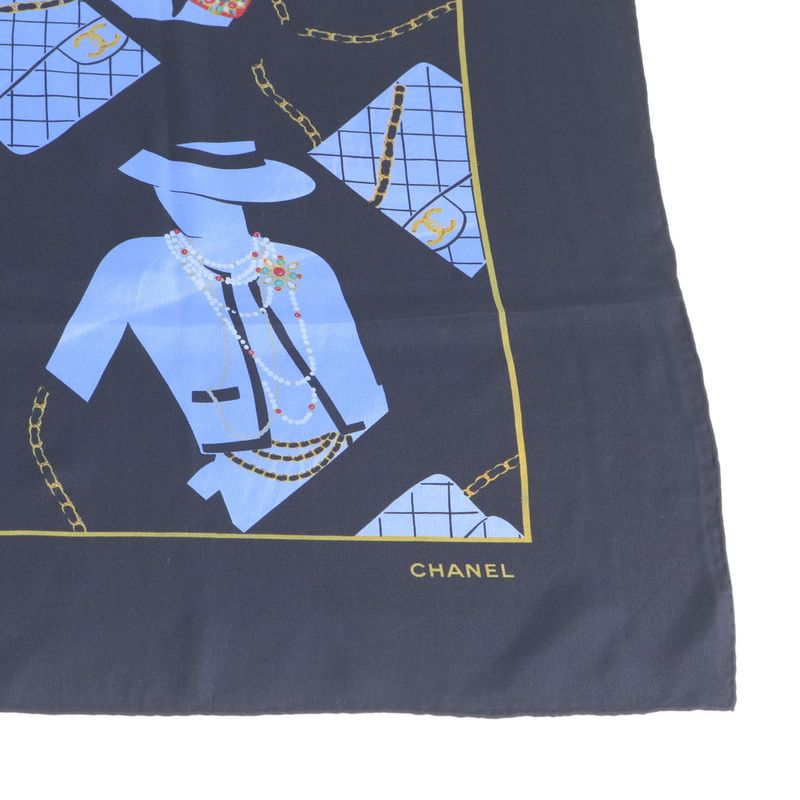 Chanel Mademoiselle Pattern Scarf Coco Quilted Shawl Black Blue