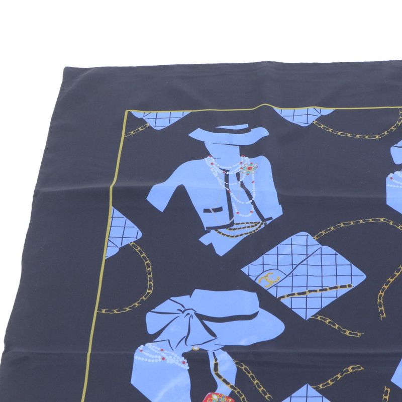 Chanel Mademoiselle Pattern Scarf Coco Quilted Shawl Black Blue