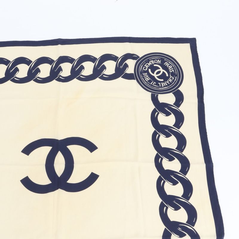 Chanel Silk 100% CC Logo Chain Pattern Scarf Shawl Beige Navy