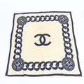 Chanel Silk 100% CC Logo Chain Pattern Scarf Shawl Beige Navy
