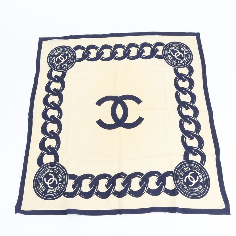 Chanel Silk 100% CC Logo Chain Pattern Scarf Shawl Beige Navy