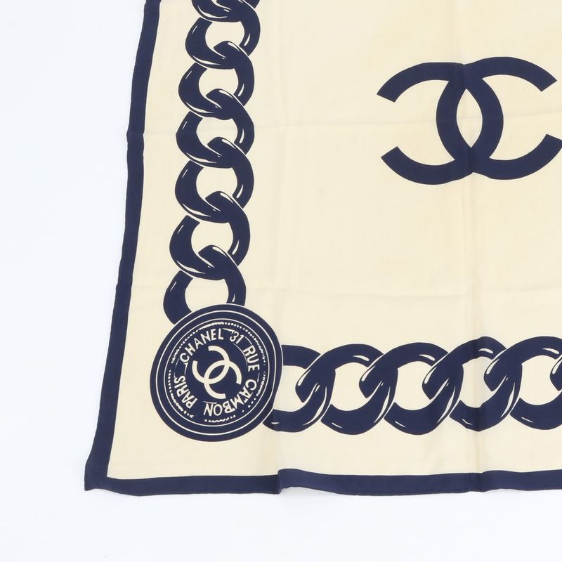 Chanel Silk 100% CC Logo Chain Pattern Scarf Shawl Beige Navy