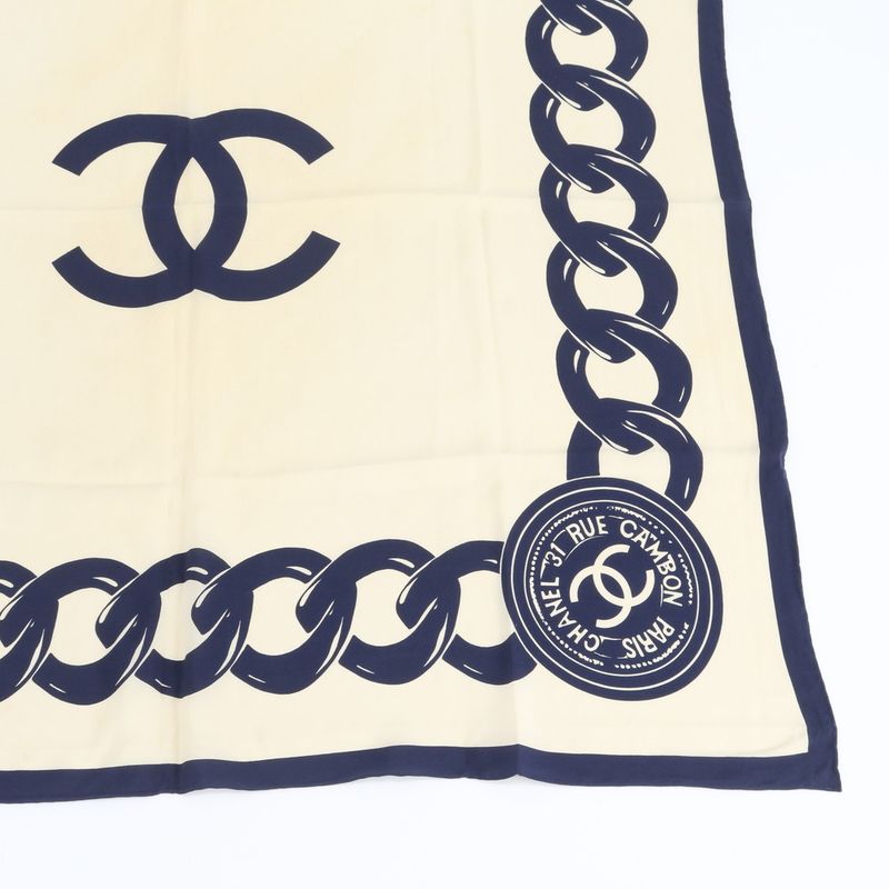 Chanel Silk 100% CC Logo Chain Pattern Scarf Shawl Beige Navy