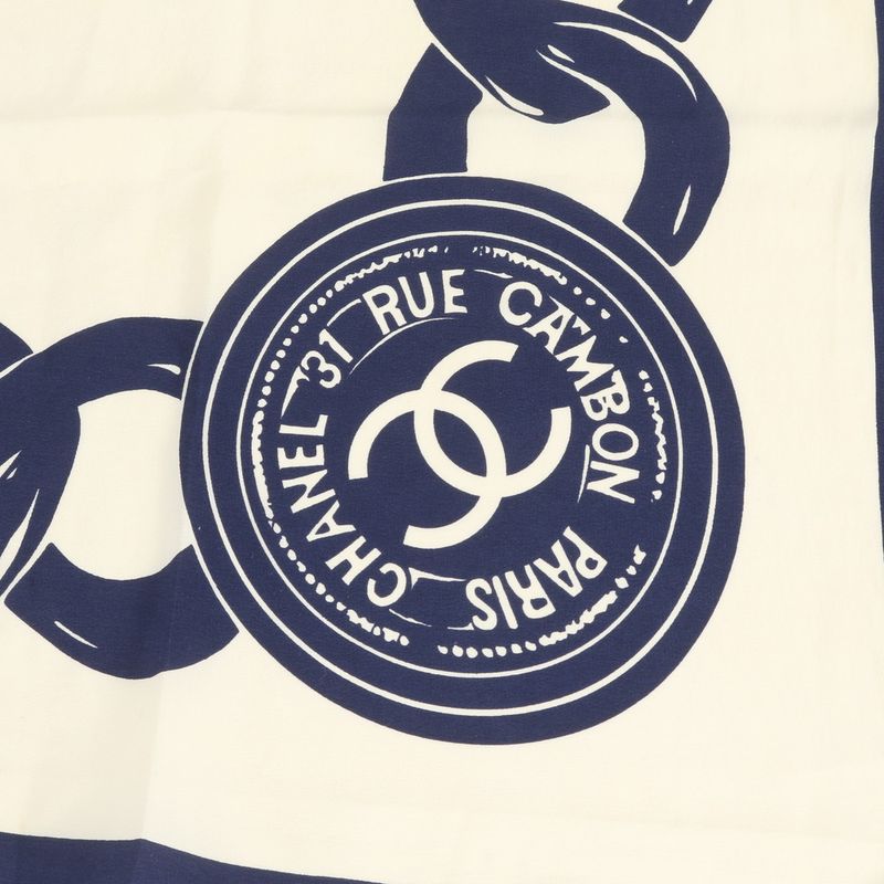 Chanel Silk 100% CC Logo Chain Pattern Scarf Shawl Beige Navy