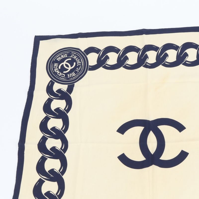 Chanel Silk 100% CC Logo Chain Pattern Scarf Shawl Beige Navy