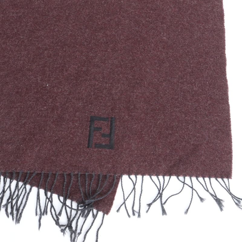 Fendi FF Logo Embroidery Gold Fringe Scarf Bordeaux