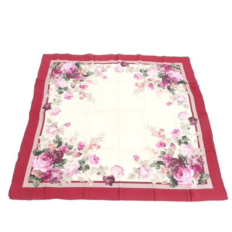 Saint Laurent Yves Tag YSL Silk Scarf Flower Floral Pattern Shawl Bordeaux