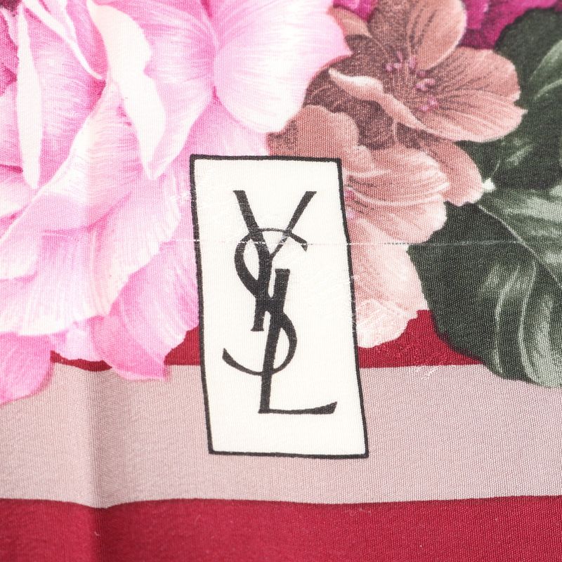 Saint Laurent Yves Tag YSL Silk Scarf Flower Floral Pattern Shawl Bordeaux