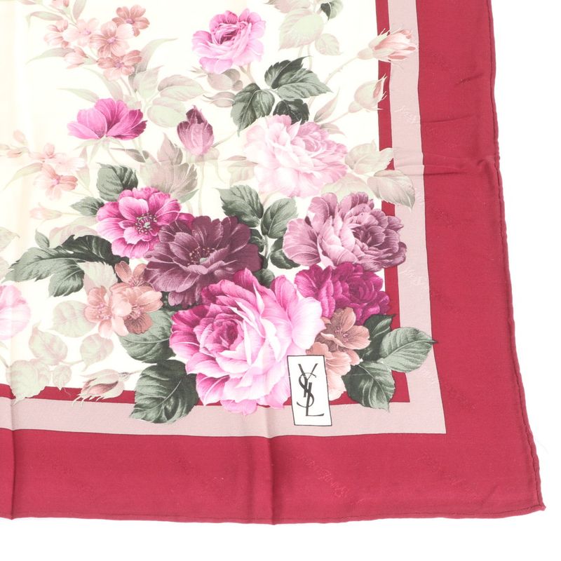 Saint Laurent Yves Tag YSL Silk Scarf Flower Floral Pattern Shawl Bordeaux
