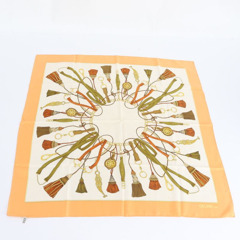 Celine Silk Tassel Pattern Scarf Shawl Orange Beige