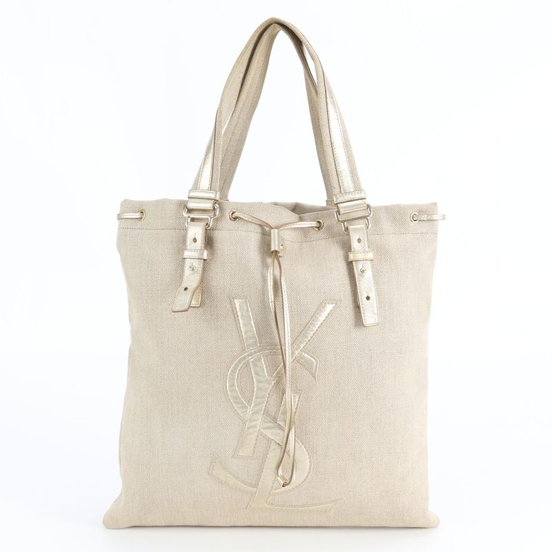 Saint Laurent Yves Kahala Leather Canvas Tote Shoulder