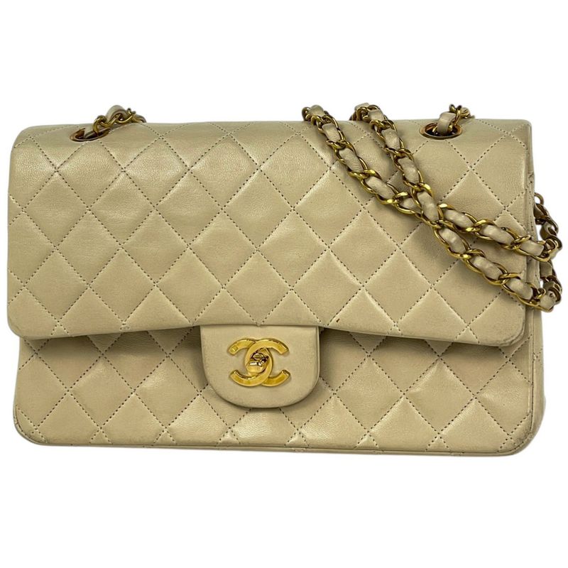 Chanel Quilted Double Flap Chain Shoulder Bag CC Logo Leather Ivory