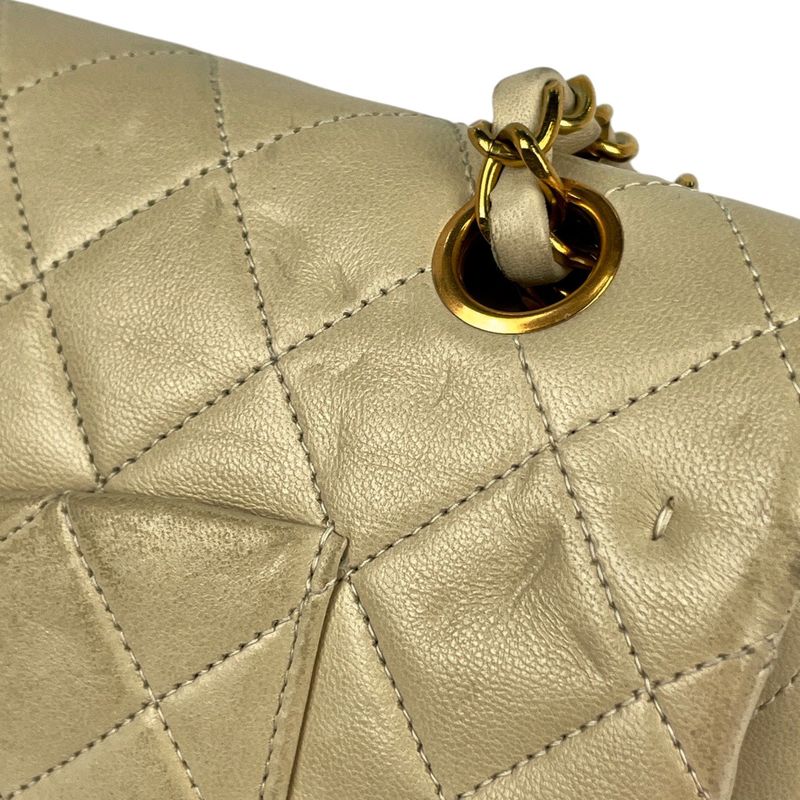 Chanel Quilted Double Flap Chain Shoulder Bag CC Logo Leather Ivory