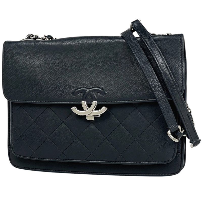 Chanel CC Logo Chain Shoulder Bag Caviar Leather Navy