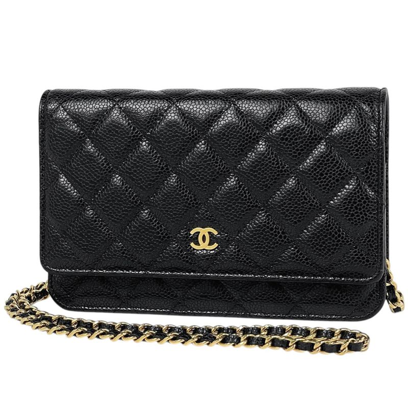 Chanel CC Logo Chain Wallet Quilted Caviar Leather Black