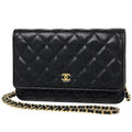 Chanel CC Logo Chain Wallet Quilted Caviar Leather Black
