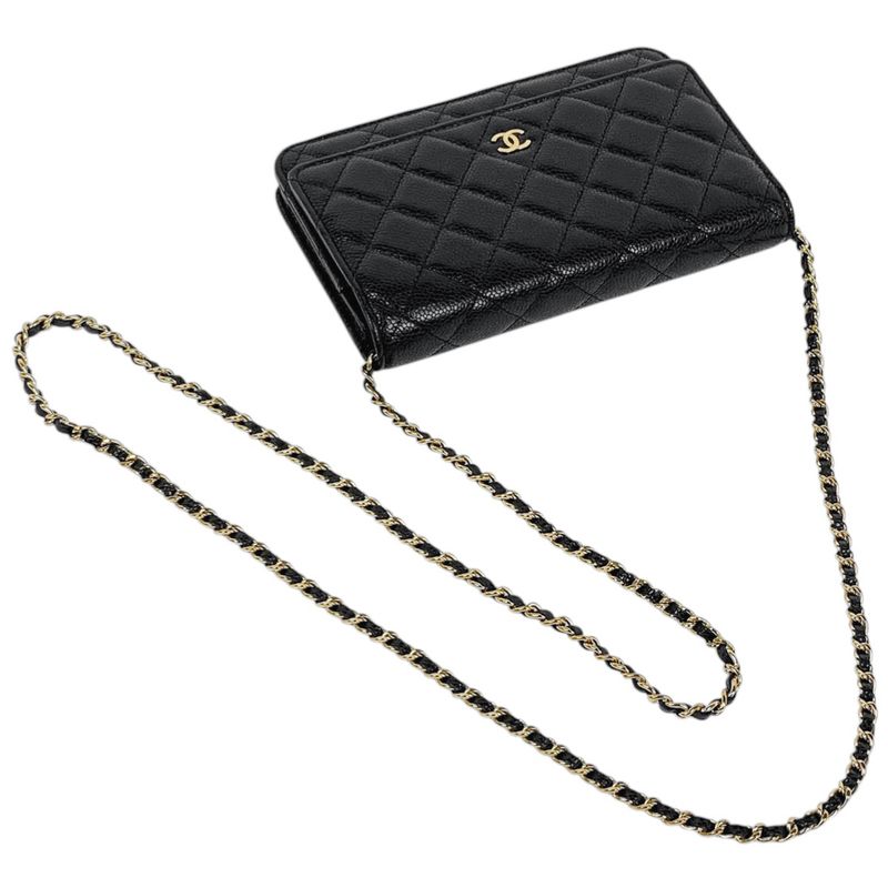 Chanel CC Logo Chain Wallet Quilted Caviar Leather Black