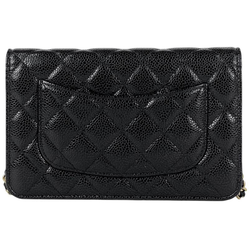 Chanel CC Logo Chain Wallet Quilted Caviar Leather Black