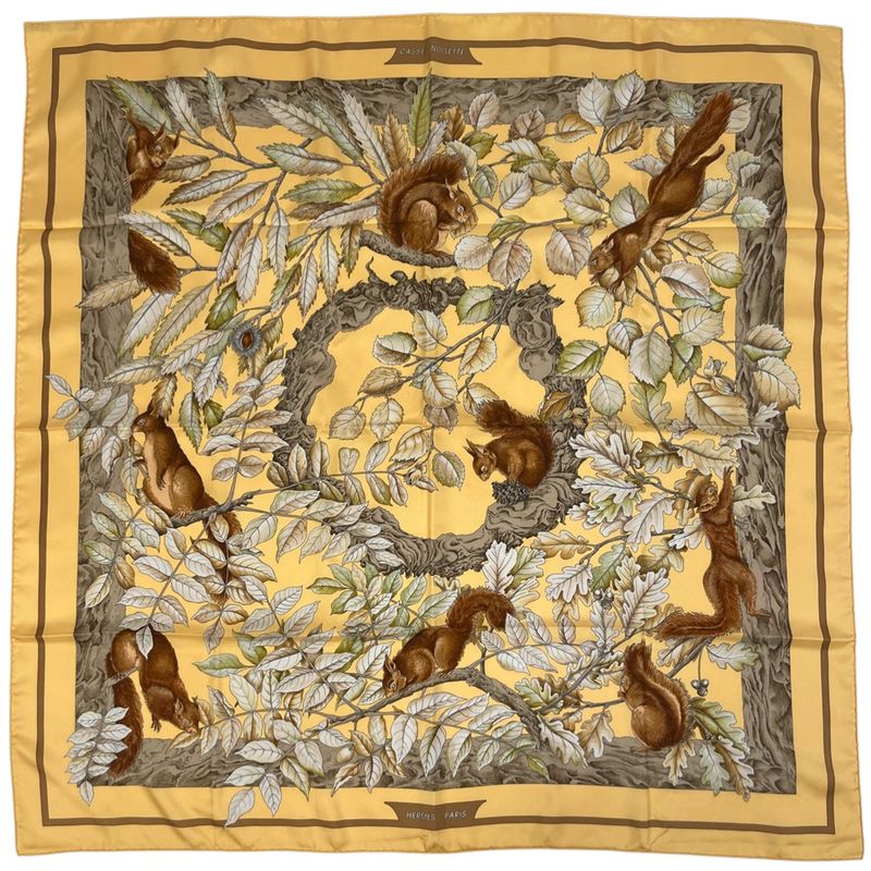 Hermes Carre 90 Casse Noisette Nutcracker Squirrel Pattern Nut Scarf Silk Yellow Multicolor