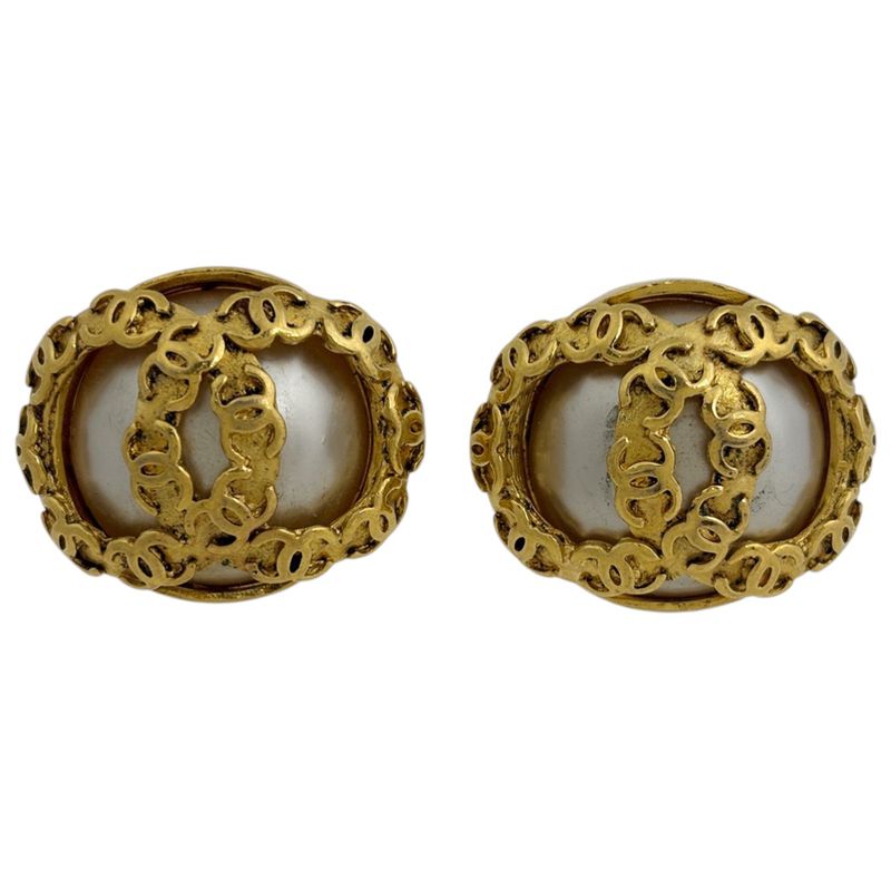 Chanel CC Logo Faux Pearl Earrings Round Gold Plated White