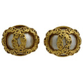 Chanel CC Logo Faux Pearl Earrings Round Gold Plated White