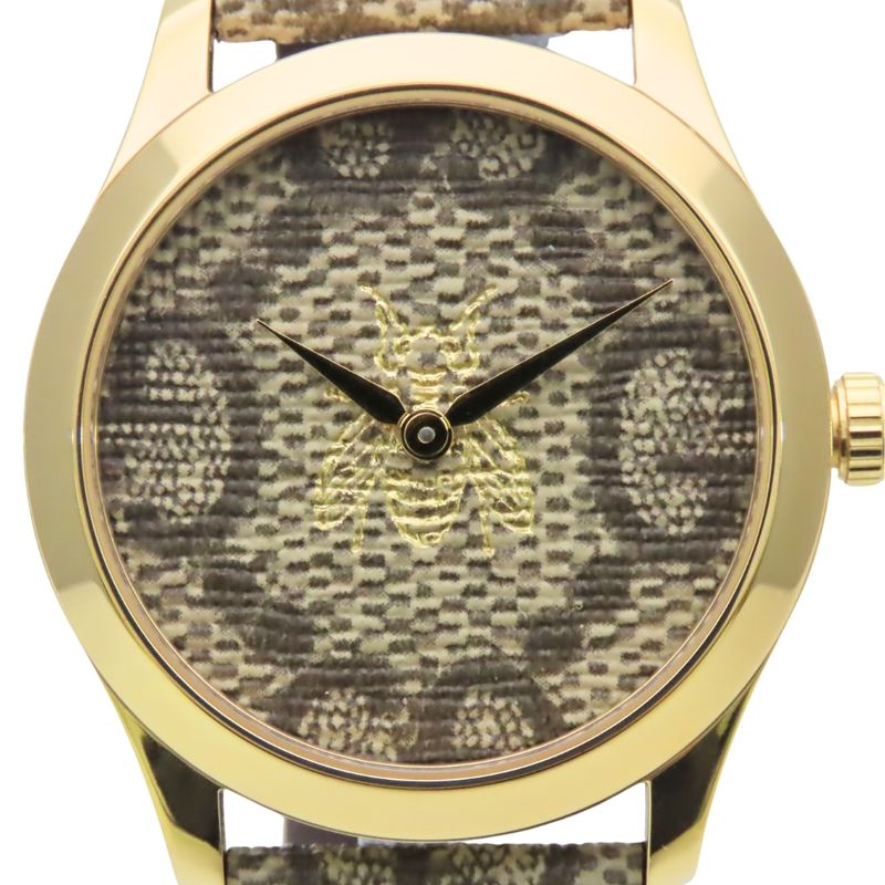 Gucci Watch Timeless Bee 126.4 Stainless Steel Gold Beige Brown Dial GG