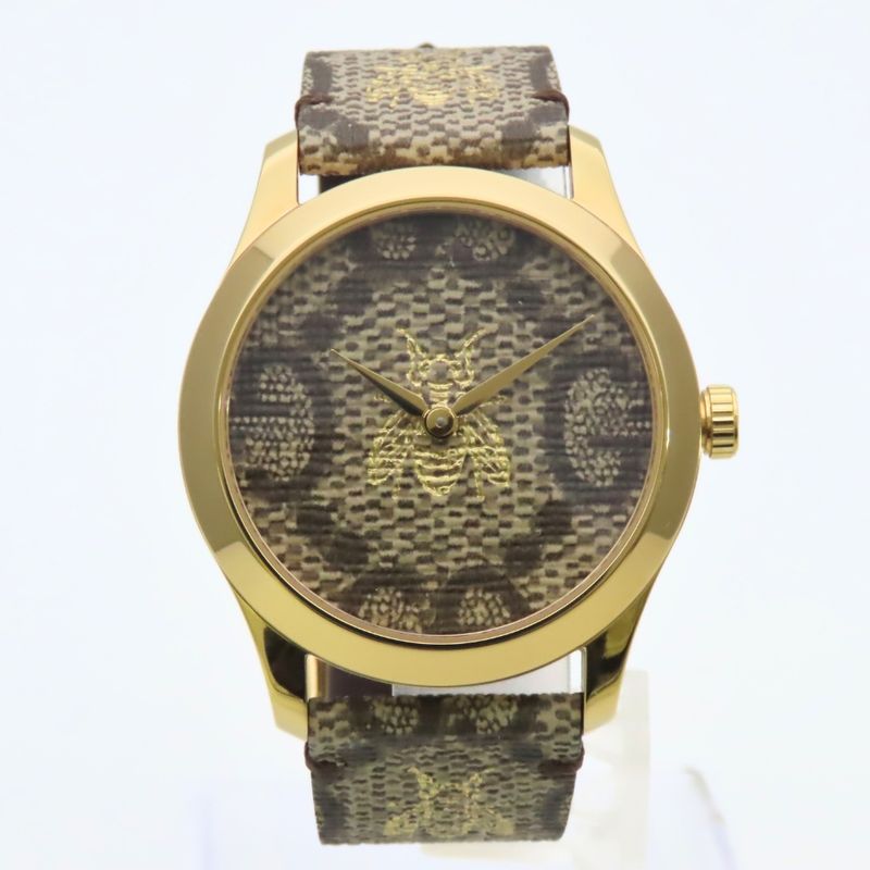 Gucci Watch Timeless Bee 126.4 Stainless Steel Gold Beige Brown Dial GG