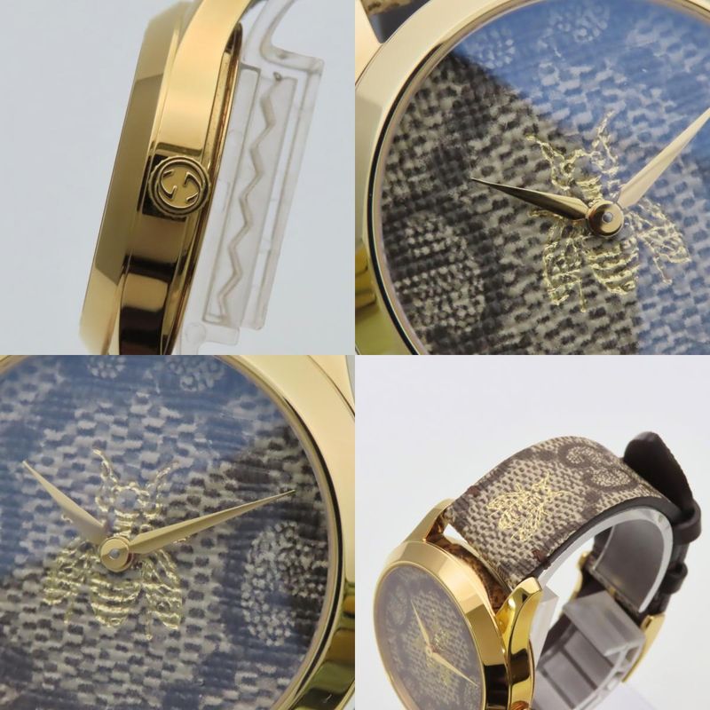 Gucci Watch Timeless Bee 126.4 Stainless Steel Gold Beige Brown Dial GG