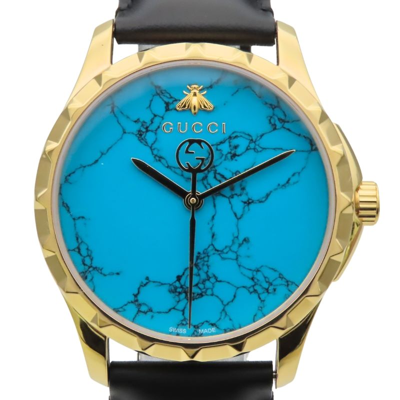 Gucci Watch Stainless Steel Leather Gold Black Dial Turquoise Blue