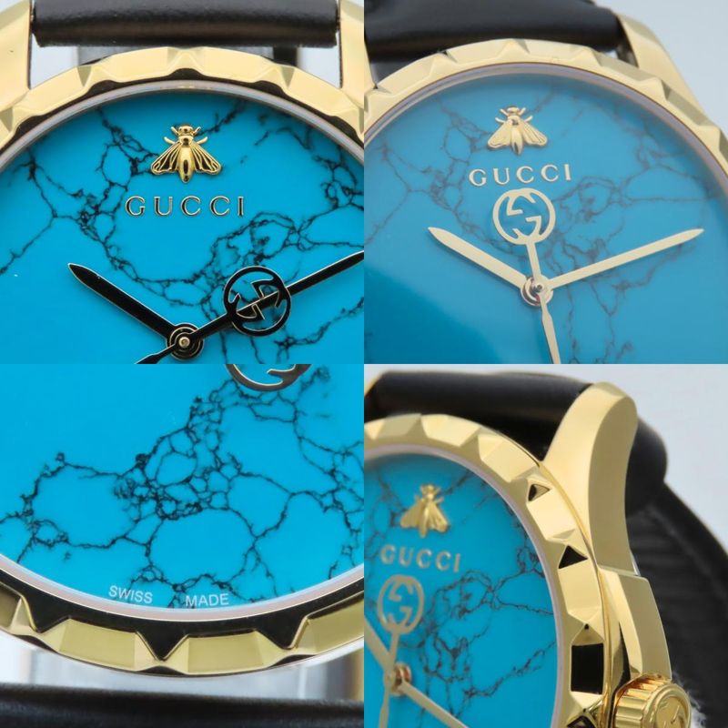 Gucci Watch Stainless Steel Leather Gold Black Dial Turquoise Blue
