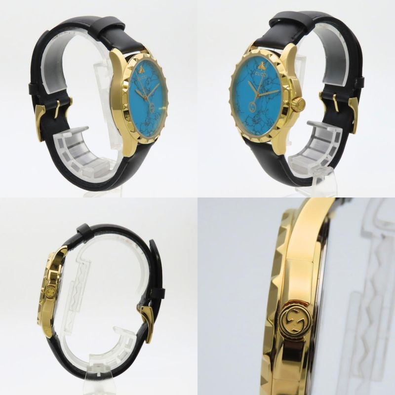 Gucci Watch Stainless Steel Leather Gold Black Dial Turquoise Blue