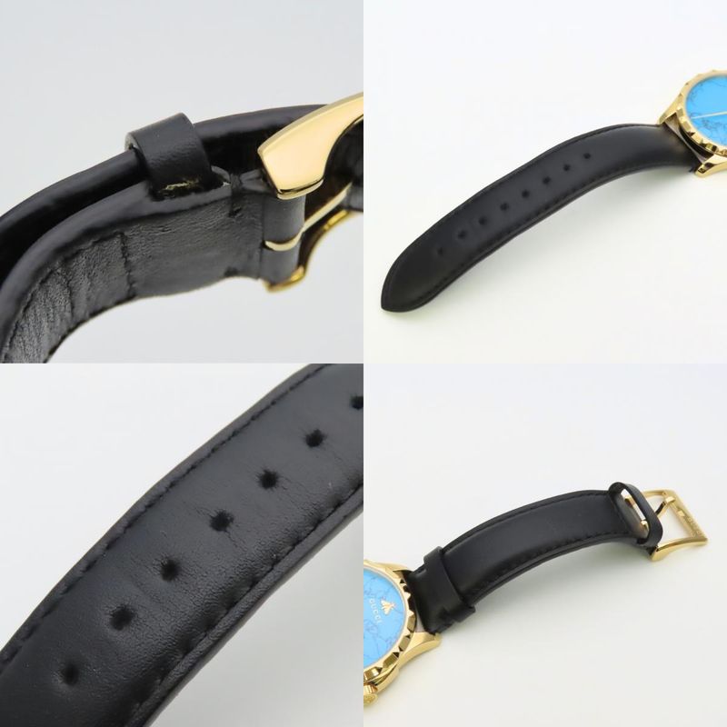Gucci Watch Stainless Steel Leather Gold Black Dial Turquoise Blue