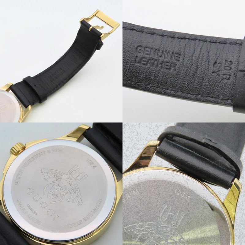 Gucci Watch Stainless Steel Leather Gold Black Dial Turquoise Blue